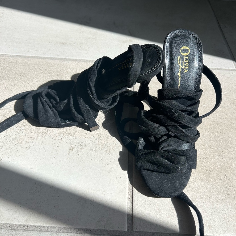 Olivia + Joy Black Heels with Ruched Satin Design